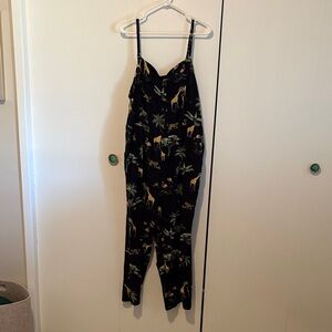 Elegant Black Jumpsuit with Animal and Palm Print